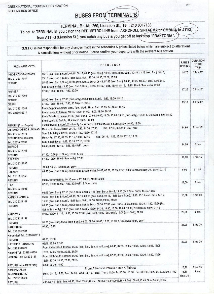 Athens Bus Schedules-Terminal B